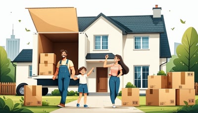 Illustration of a family happily moving into their new home Illustration of a family happily moving into their new home